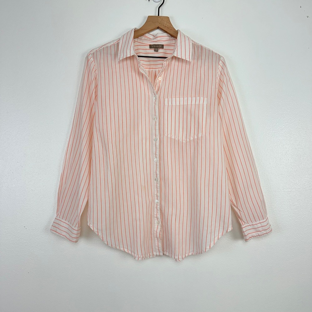LILLA P Boyfriend Button Down Shirt Top Women M Tangerine Stripe Cotton Minimal - Picture 2 of 16